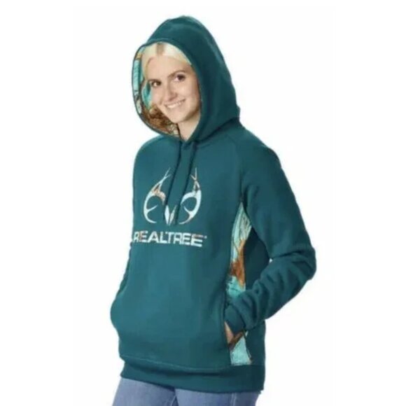 RealTree‎ Women’s Aqua Green Camo Hooded Sweatshirt Size Large - Picture 1 of 7